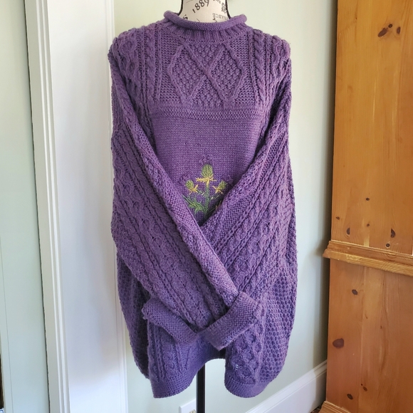 Vintage Acorn Chunky Aran Knit Purple Wool Thistle Fisherman Sweater - Picture 7 of 16